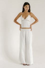 White linen camisole singlet top with floral embroidery