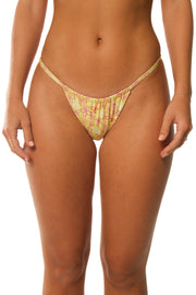 Yellow and pink reverisble string bikini bottoms made from recyclable fabrics.